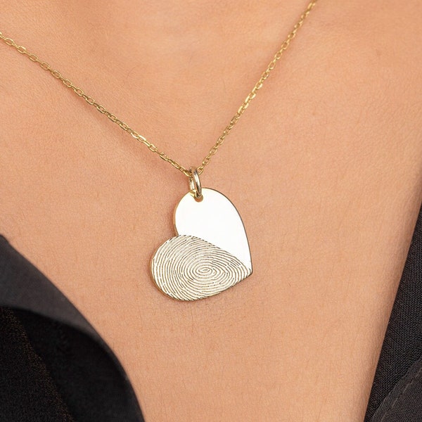 9k & 14k Gold Fingerprint Necklace • Custom Heart Charm Fingerprint Necklace • Custom Handwriting Jewelry • Gift for Her • Gift for Grandma