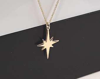 14K Solid Gold North Star Necklace , Celestial  star Pendant , solid gold chain, Gift for women, 14k gold necklace layered necklace gift