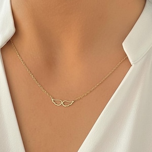 Yellow gold Angel wings necklace, 14k solid gold religious Minimal necklace, Dainty solid gold chain, dainty gold necklace gift for her