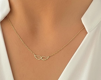Collar de alas de ángel en oro macizo de 14 quilates: delicada joyería religiosa