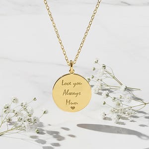 14k Gold Personalized Handwriting Necklace, Actual Handwriting gold custom necklace, • 14k Gold Disc custom Engraved , Custom memorial gift