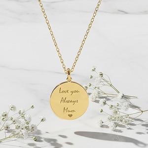 Solid gold handwritten pendant, 14k yellow gold necklace, engraved disc charm, personalized jewelry, custom disc, handwriting gift for her