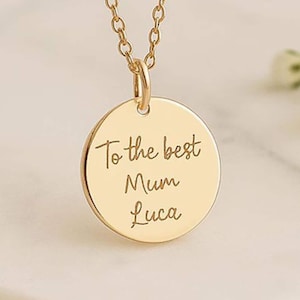 Engraved Actual Handwriting Pendant Necklace in 14k Solid Gold, Memorial Signature Disk, Personalized Own Handwritten Disc Pendant Loss Gift