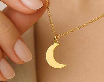 14K Solid Gold  Crescent Moon Necklace, Minimalist Celestial Jewelry