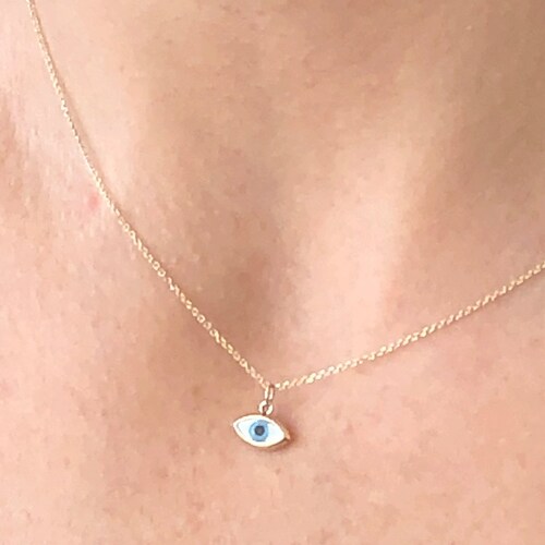 Solid Gold 14k Evil Eye Necklace White Blue Evil Eye Penant - Etsy UK
