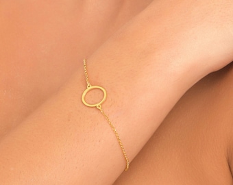 14K solid Gold Circle Bracelet, 14K yellow Gold Bracelet, Gold Karma Bracelet, Circle Frame Charm, Dainty Chain Bracelet, Gift for Women