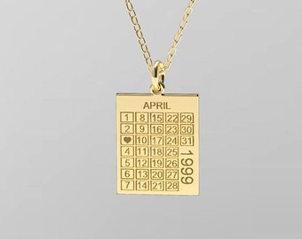 14k solid gold Calendar Necklace, Birth date Necklace, Custom Necklace, Necklace, Personalized Necklace, 14K gold annivesary gift Necklace