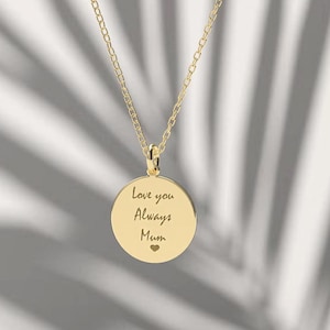 14K Solid Gold Engraved Disk Necklace, Custom Handwriting Necklace, Personalized Disc Necklace, 14k Gold Disk signature jewelry gift for her