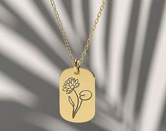 14k solid gold, Dog Tag Birth Month Birth Flower With Custom Text personalized Necklace , Dainty Birth Flower charm, layered  birthday gift