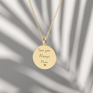 Colgante manuscrito de oro macizo, collar de oro amarillo de 14 quilates, dije de disco grabado, joyería personalizada, disco personalizado, regalo de escritura a mano para ella