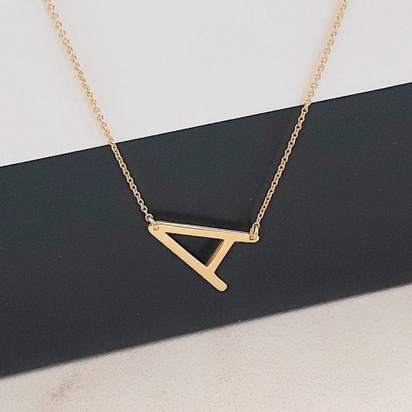 14K Solid Gold Sideways Initial Necklace: Personalized Letter Jewelry