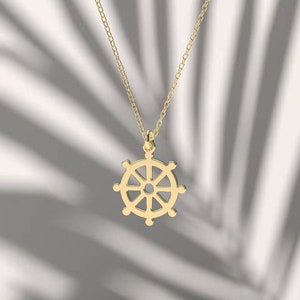 14k Solid Gold Dharma Wheel Necklace, 14k gold Dainty Dharma Wheel Pendant, Dharmachakra Pendant , real gold gold necklace gift for her