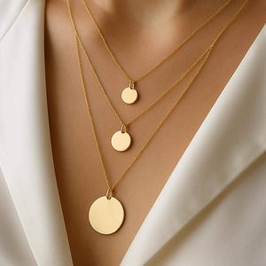 14K Solid Custom Engrave Disk Necklace, Personalized Dainty Solid Gold custom Pendant Necklace, 14k Real Gold Engravable Layerd Disc