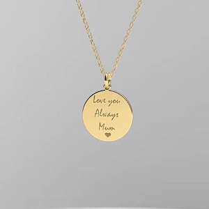 Colar de disco personalizado de ouro maciço 14k, pingente de moeda personalizado, joias artesanais para ela, colar de caligrafia, presente de formatura para sua mãe