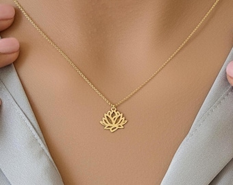 14K Solid Gold Lotus Necklace , Minimalist Yoga Pendant with chain