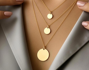 Collana con disco inciso personalizzato in oro massiccio 14K, ciondolo rotondo personalizzato