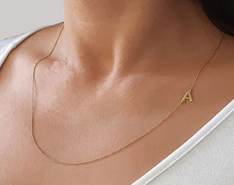 14k Gold Initial Necklace, Letter Necklace, Sideways Initial Necklace, Personalized Name Necklace, Personalized Jewelry, layered necklace