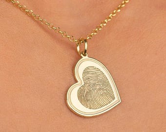 14K Gold Fingerprint Heart Necklace: Engraved Memorial Keepsake