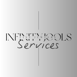 Könnte beinhalten: Grauer Farbverlauf-Hintergrund mit dem Text "INFINITY FINE JEWELRY TOOLS Services". Das Wort "INFINITY" ist in einer fetten Serifen-Schrift, während "FINE JEWELRY" in einer kleineren, serifenlosen Schrift steht. Das Wort "Services" ist handschriftlich.
