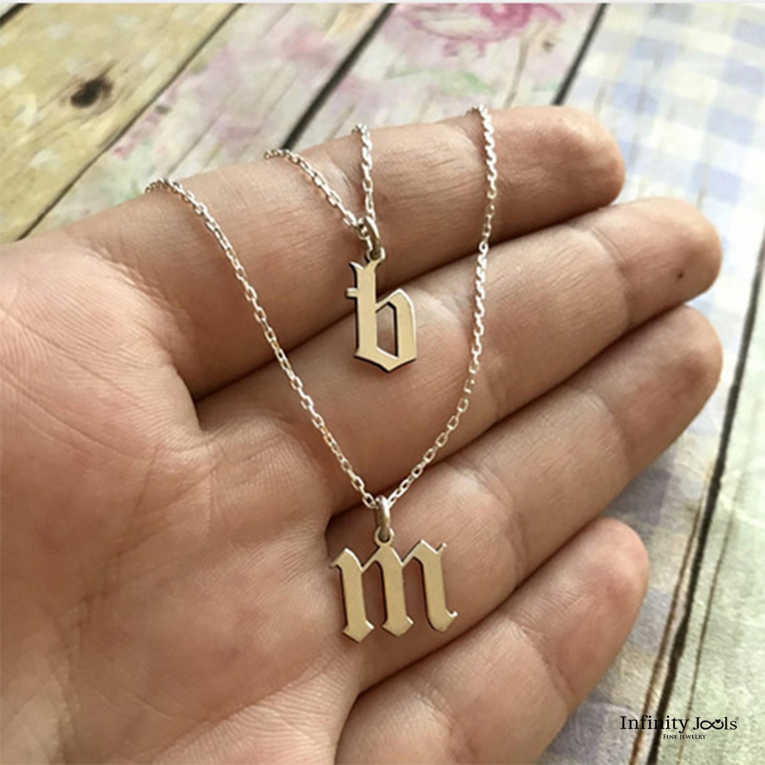 Dainty Initial Necklace Yellow Gold Letter Necklace, Gothic Letter