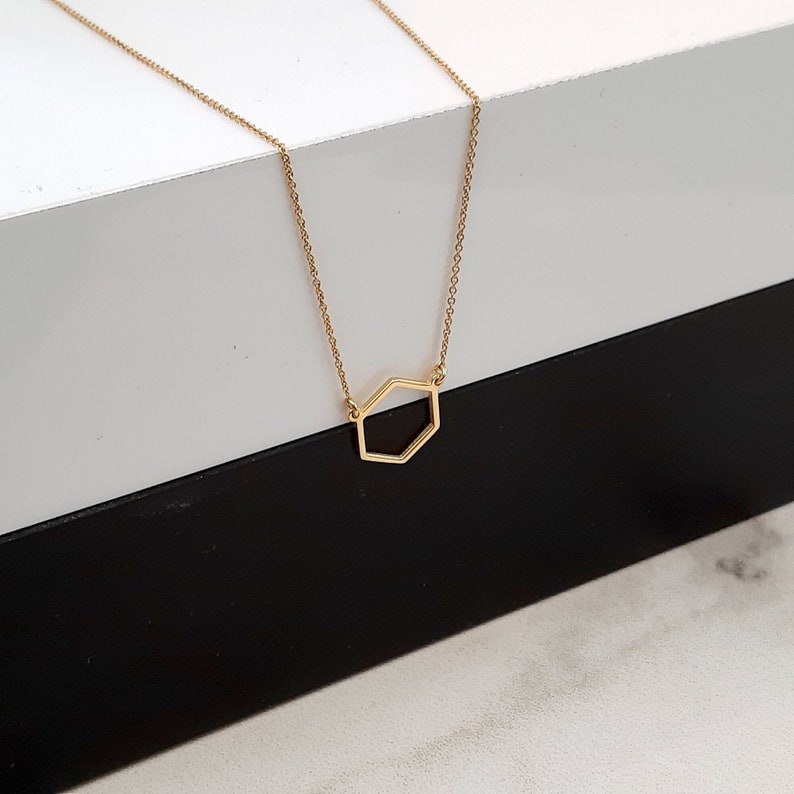 14k gold hexagon necklace / gold geometric necklace / dainty necklace / delicate necklace / minimalist necklace / layering necklace gift image 1