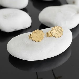 May include: A pair of gold-colored seashell stud earrings. The earrings are displayed on a white stone against a black reflective surface. The earrings have a detailed, fan-like design.
