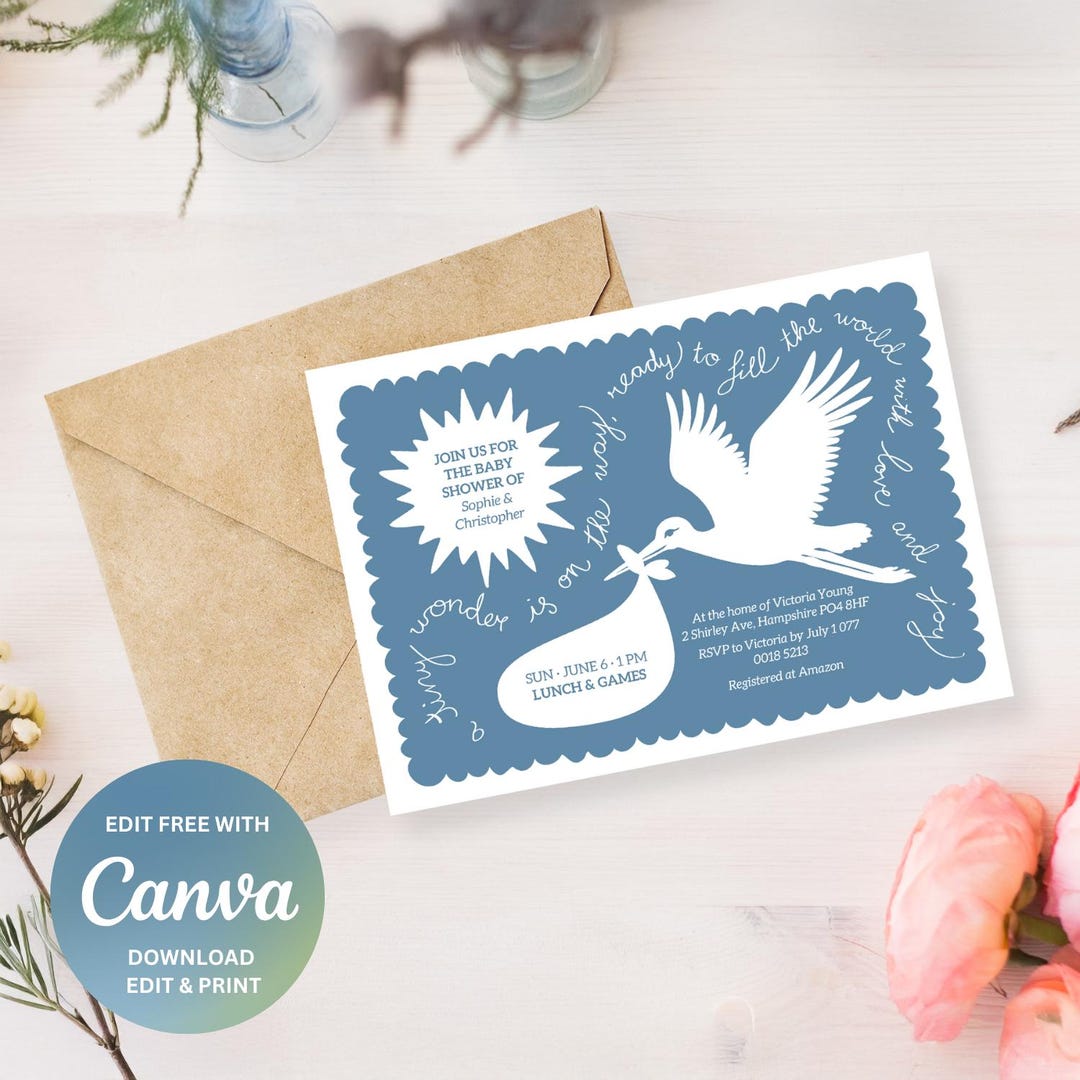 Scandi Einvite Editable Baby Shower Invitation, Hand-drawn Stork Doodle Invite, Dark ...