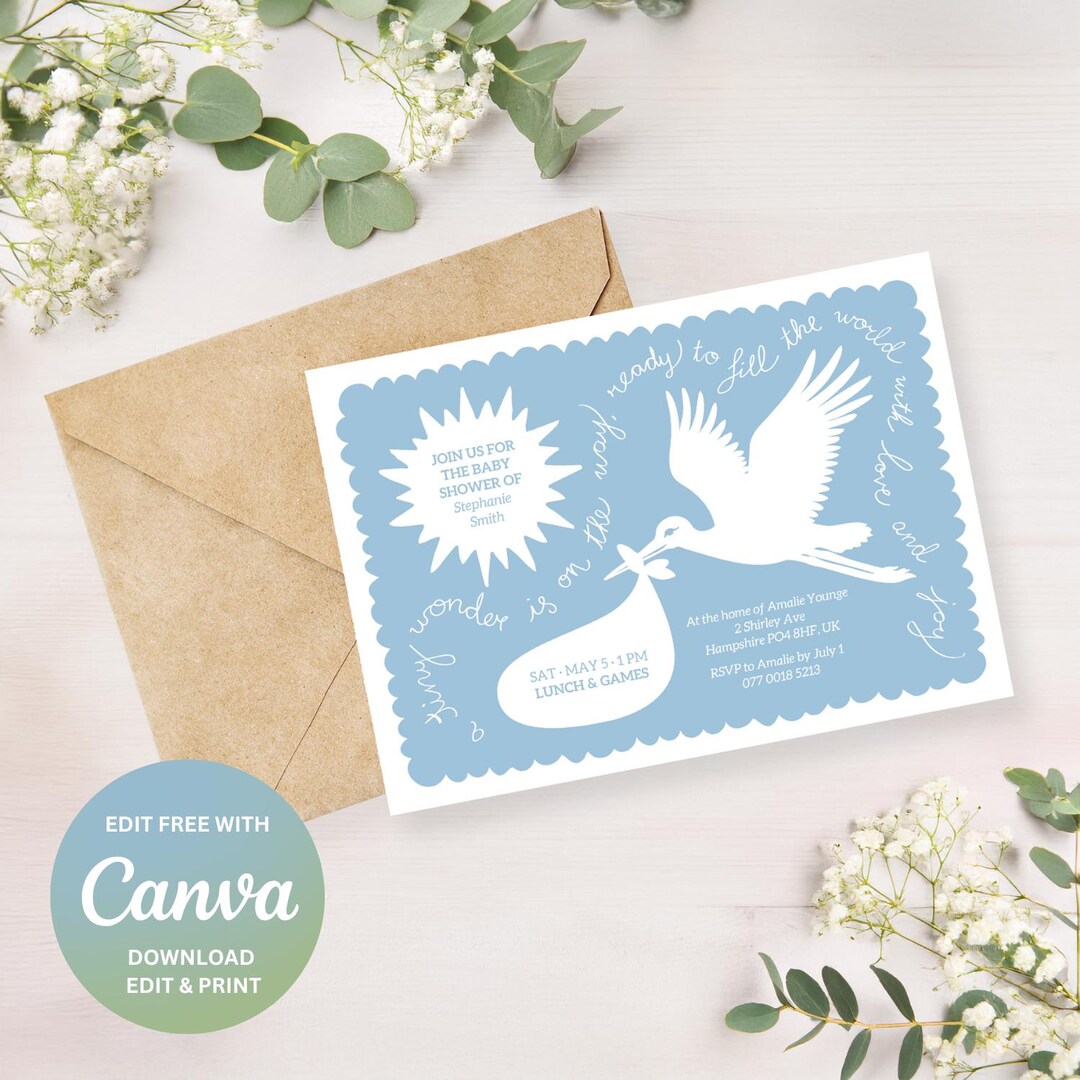 Scandi Einvite Editable Baby Shower Invitation, Hand-drawn Stork Doodle Invite, Baby ...