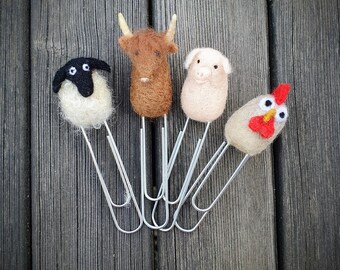 Needle Felted Farm Animal Bookmark: Wool Sheep, Pig, Highland Cow, Chicken