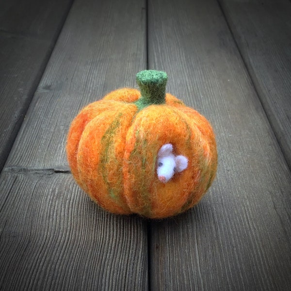 Small Pumpkin Mouse House, Needle Felted Pumpkin, Pumpkin with Mouse, Mouse, Felted Animal, Cottagecore, Goblincore, Thanksgiving gift