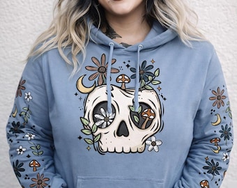 Sudadera con capucha y calavera floral tallas S-5XL, ropa de tallas grandes, regalos para chicas góticas, ropa gótica, sudaderas con capucha y sudaderas de Halloween, regalo de esqueleto, top atrevido