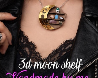 3D Crescent Moon Phase Shelf layered Necklace, Crystal Candle Handmade Mirror Necklace, goth girl gifts, Halloween Charm, Gothic Statement
