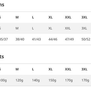 May include: A white chart with size conversions and product weights. The size conversions chart lists sizes S to 5XL with chest measurements in inches. The product weights chart shows weights in grams for each size, ranging from 100g to 200g.