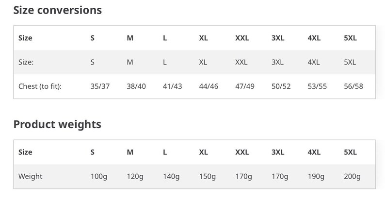 May include: A white chart with size conversions and product weights. The size conversions chart lists sizes S to 5XL with chest measurements in inches. The product weights chart shows weights in grams for each size, ranging from 100g to 200g.
