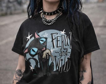 Feral & Wild tshirt, Halloween Cat Shirt, Black Cat Tee, Cat Lover gift, goth girl gifts, Plus size clothes, gothic Tops, Spooky Graphic