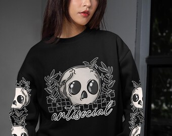 Asoziale Schädel Sweatshirt Pullover Kapuze Tshirt - Größen S-5XL Gothic Fashion - Spooky Halloween Goth Alternativ Mode KEINE ZOLLGEBÜHREN