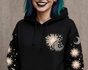 Sudadera con capucha Sol y Luna, sudaderas celestiales, top de Halloween, ropa de talla grande, sudadera gótica, regalo para amantes de la luna, sin gastos de aduana.