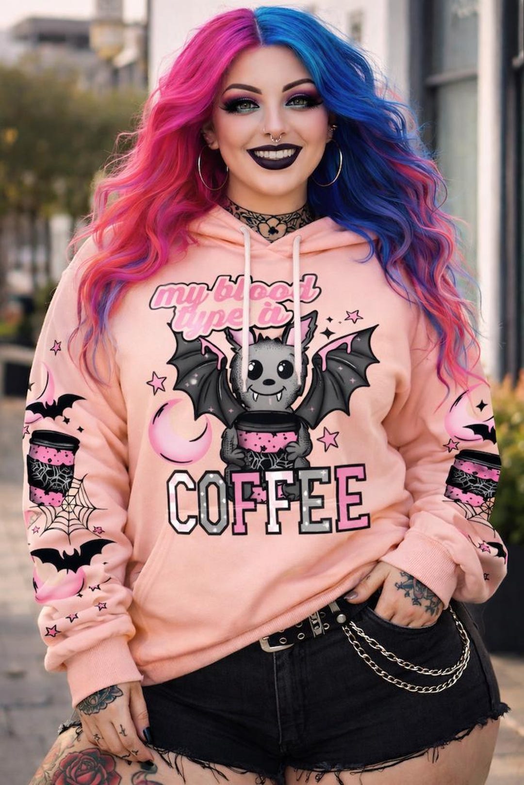 Blood Type Bat Hoodie, Coffee Addict Clothing, Gothic Bats Hooded Top ...