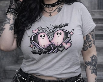 Pastel Coffin Ghosts Shirt, Horror tee, Halloween Tshirt, gothic clothing, goth girl gifts, Spooky gift, Plus size Clothes, Haunted home