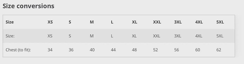 Puede incluir: Una tabla de conversi&oacute;n de tallas con el texto "Size conversions" en la parte superior. La tabla enumera tallas de XS a 5XL, con medidas de pecho correspondientes en cent&iacute;metros, que van de 86 cm a 157 cm.
