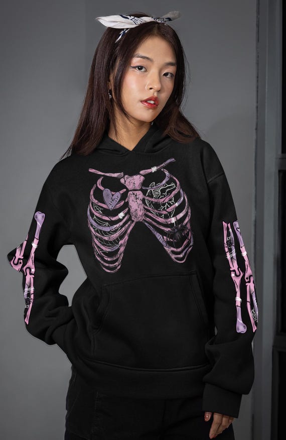 Pink Ribcage Hoodie, Halloween Hoodies & Sweatshirts, Halloween Top, Plus size clothes, Gothic Hoodie, Pastel Goth Hoodie, NO CUSTOMS FEES