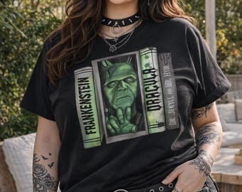 Retro Horror Book Nook Tshirt, Horror shirt, Halloween Tee, gothic tops, goth girl gifts, Spooky gift, Frankenstein Merch, Plus size clothes