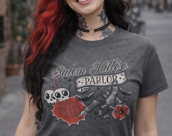 Salem Tattoo Tshirt, Halloween shirt, goth girl gifts, Spooky gift, Plus size clothes, Tattoos tee, alternative fashion Top, Edgy Graphic