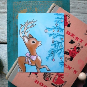 50er Jahre Stil Postkarte |Ren und Weihnachtsbaum | Recyceltes Papier