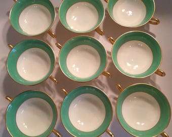 Set of (9) vintage Lenox green & gold soups