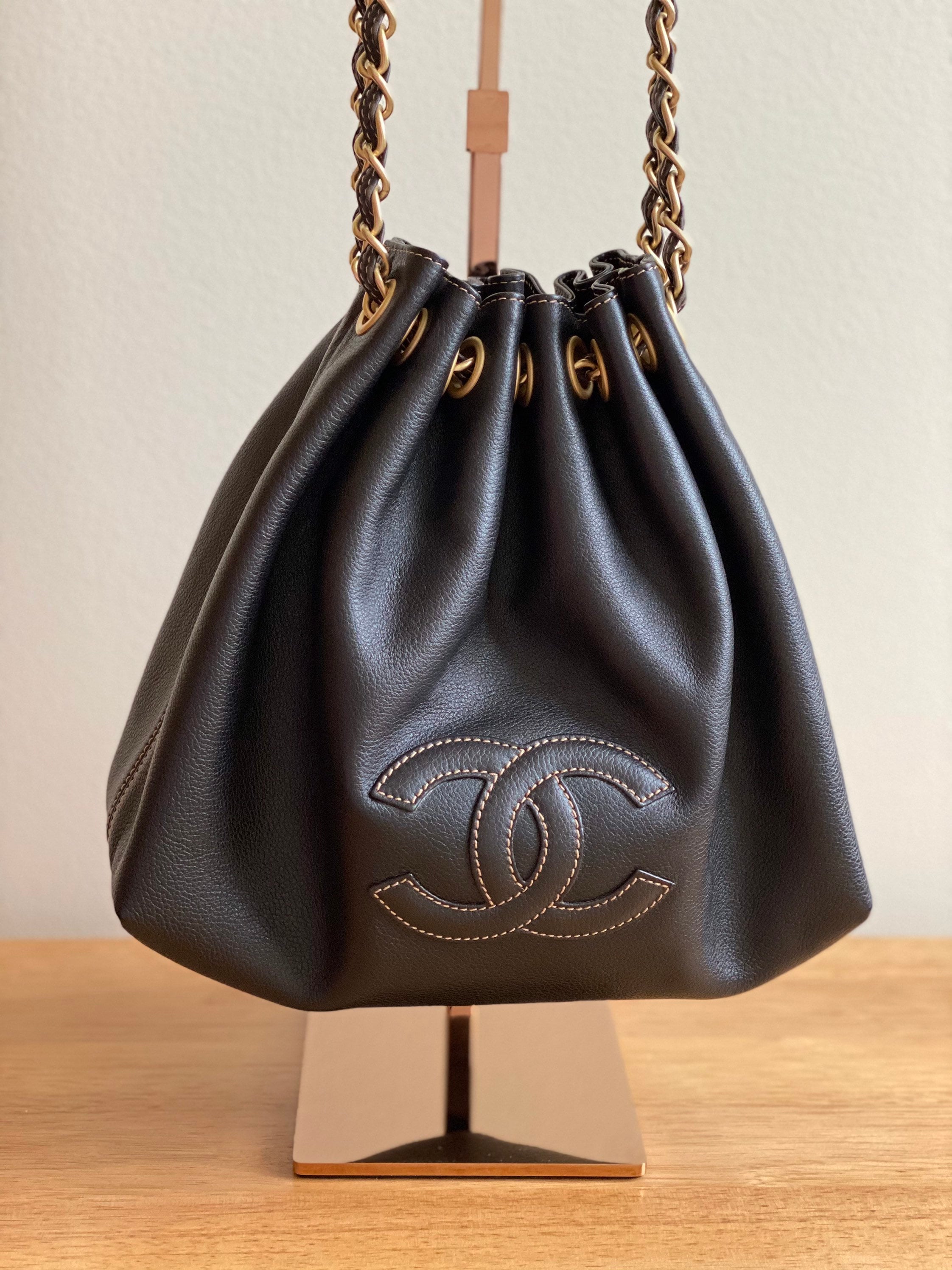 Vintage Chanel Black Satin & Leather Drawstring Bucket Bag