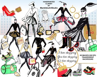 Fashion Girl Clipart, Watercolor Shopping Illustration (Digital Clipart)