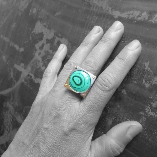 Square adjustable ring in shops silver and malachite, screw, handmade, original creation, handicrafts, contemporary jewelry