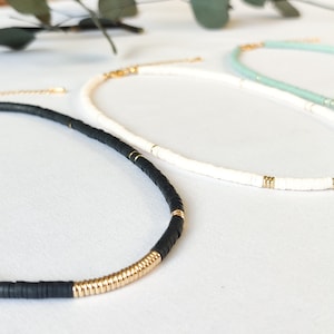 RHEA | Surfer style Heishi pearl choker necklace Black | Ivory | Sky blue - Stainless steel & 24k gold plated