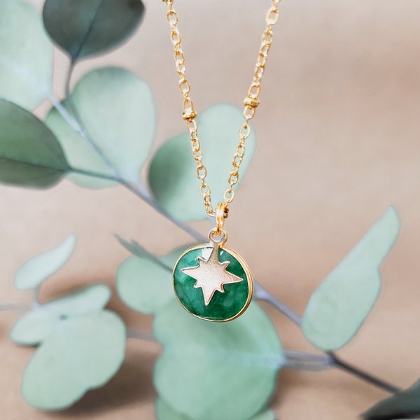 EMY | Collier pierre naturelle facettée couleur vert émeraude et pendentif étoile - Acier inoxydable doré et argent 925 plaqué or